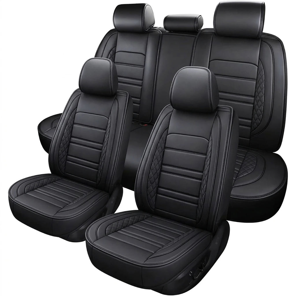 5pcs Full Set Car Seat Covers PU Leather Front Rear Seat Bench Protector Four Season Universal Fit Most Car Sedan SUV