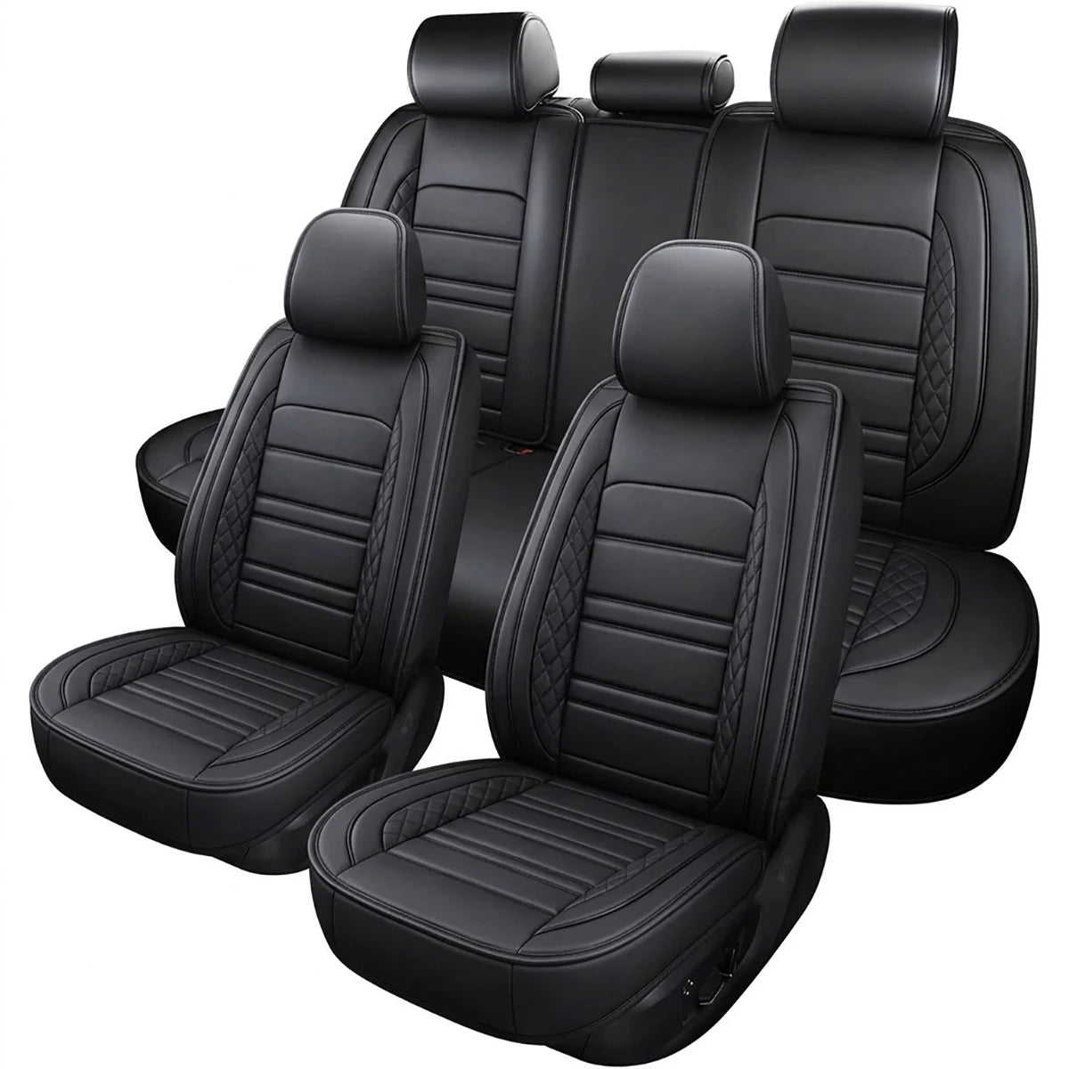 5pcs Full Set Car Seat Covers PU Leather Front Rear Seat Bench Protector Four Season Universal Fit Most Car Sedan SUV