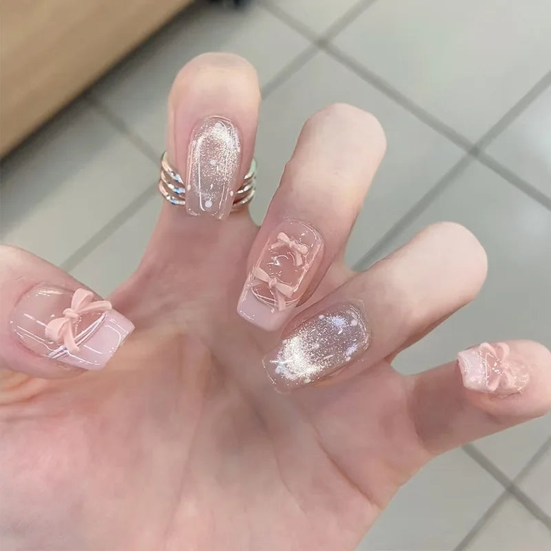 24Pcs Glitter Diamond Press On Nails Blush Pink Cat Eye Fake Nails Sweet Cute Coffin Full Cover Short Square False Nail Tips Art