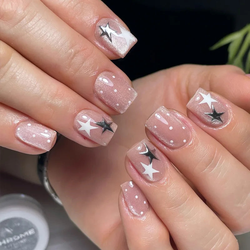 24Pcs Glitter Diamond Press On Nails Blush Pink Cat Eye Fake Nails Sweet Cute Coffin Full Cover Short Square False Nail Tips Art