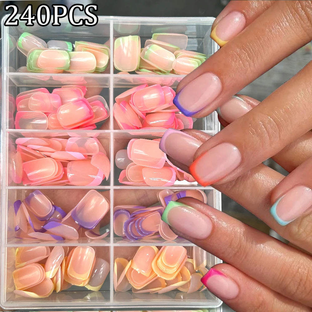 1BOX Candy Color French Short Square False Nails Pink/Green/Purple Full Cover Macarons Press On Nails DIY Artificial Manicure