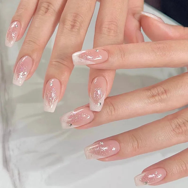 24Pcs Glitter Diamond Press On Nails Blush Pink Cat Eye Fake Nails Sweet Cute Coffin Full Cover Short Square False Nail Tips Art