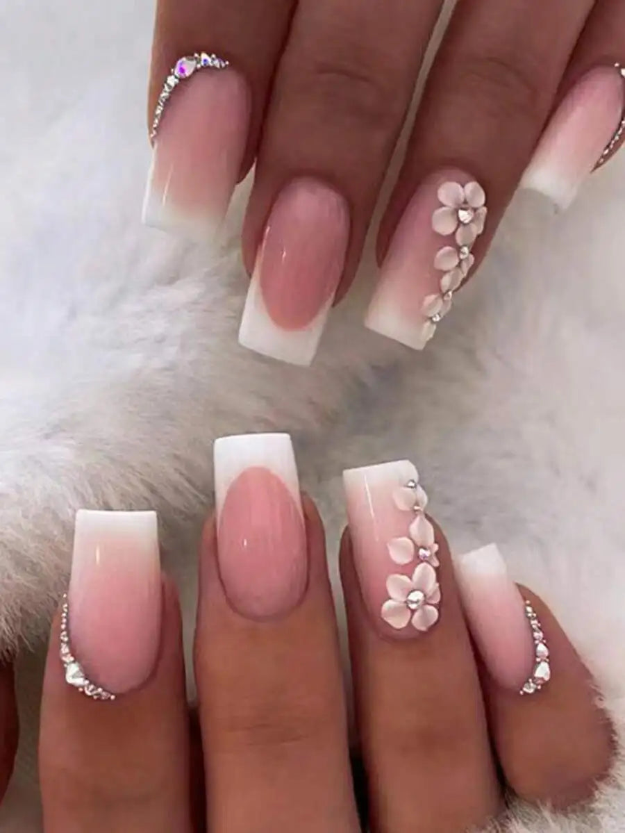 24Pcs Elegant & Simplistic Floral Nail Art Stickers, Pink, Daily & Party Wear Press On Nails Nail Supplies Nails