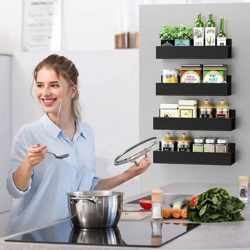 Magnetic Fridge Side Shelf for Spice Storage - Black Iron Space Saving Organizer, Refrigerator Side Rack for Kitchen
