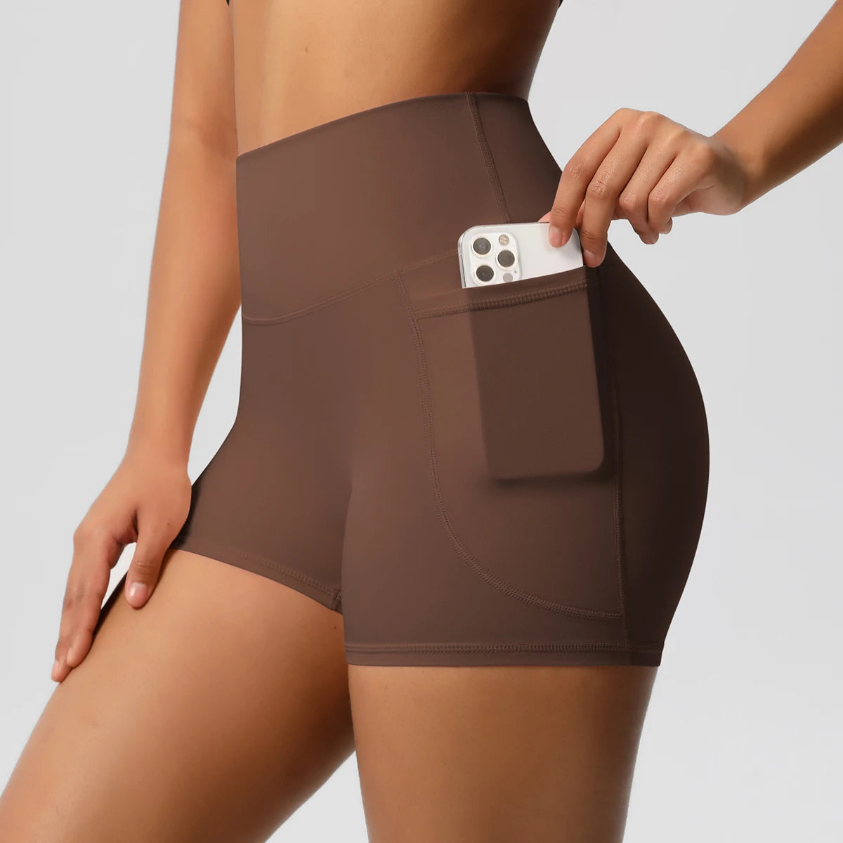 Women's Solid Color Nylon Yoga Tightening Tummy Lifting Shorts Outdoor Cycling Running With Pockets Sports Shorts Gym Pilates