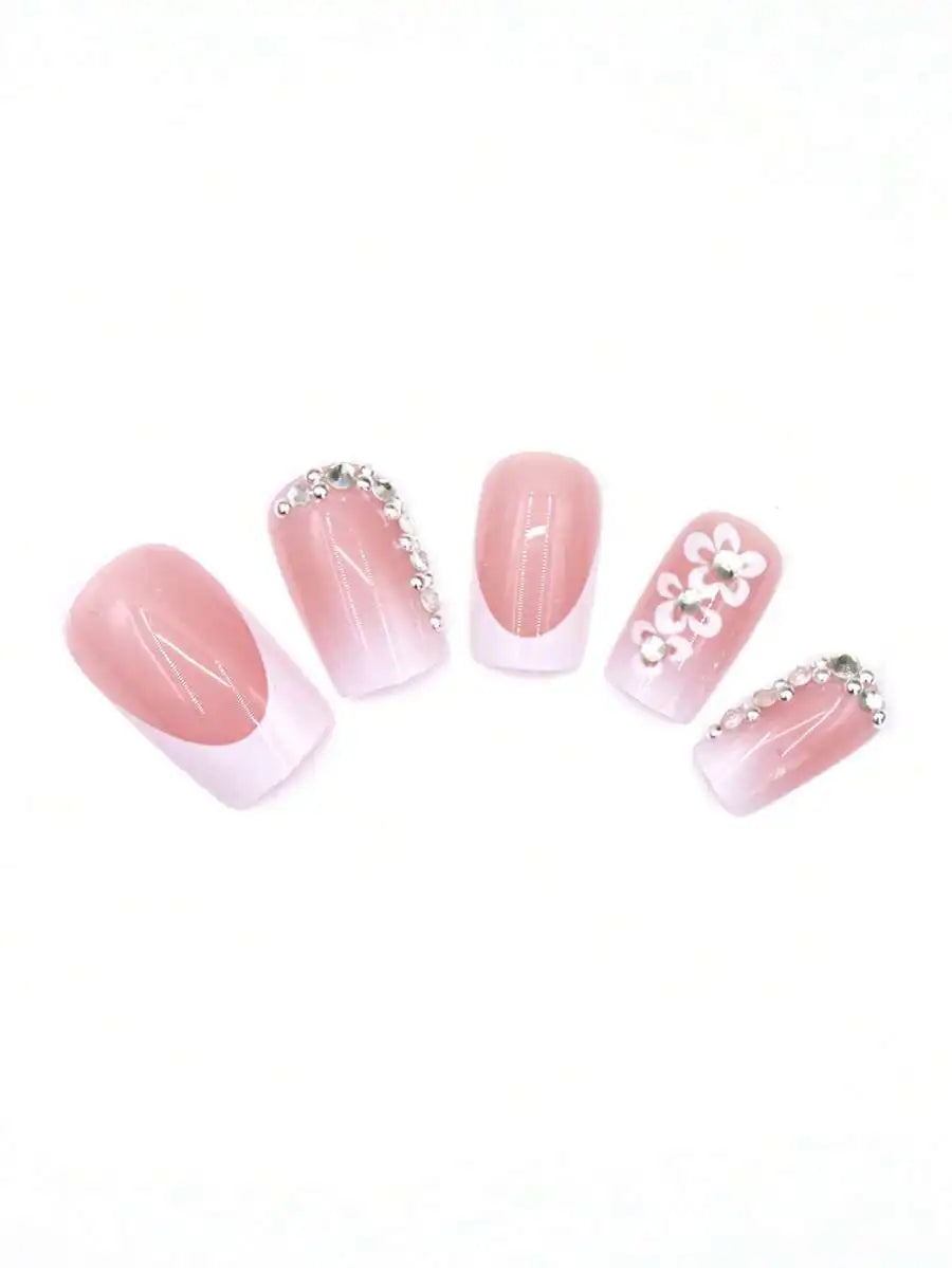 24Pcs Elegant & Simplistic Floral Nail Art Stickers, Pink, Daily & Party Wear Press On Nails Nail Supplies Nails