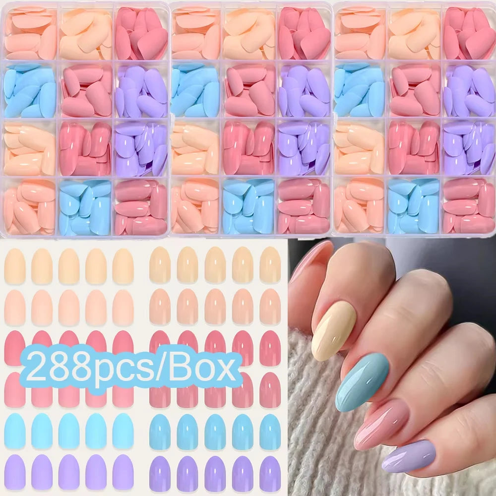 576pcs/Box Colorful Fake Nails Black Red Design Fake Nail Oval Short Square Press On False Nails Mixed Full Cover Nail Tips