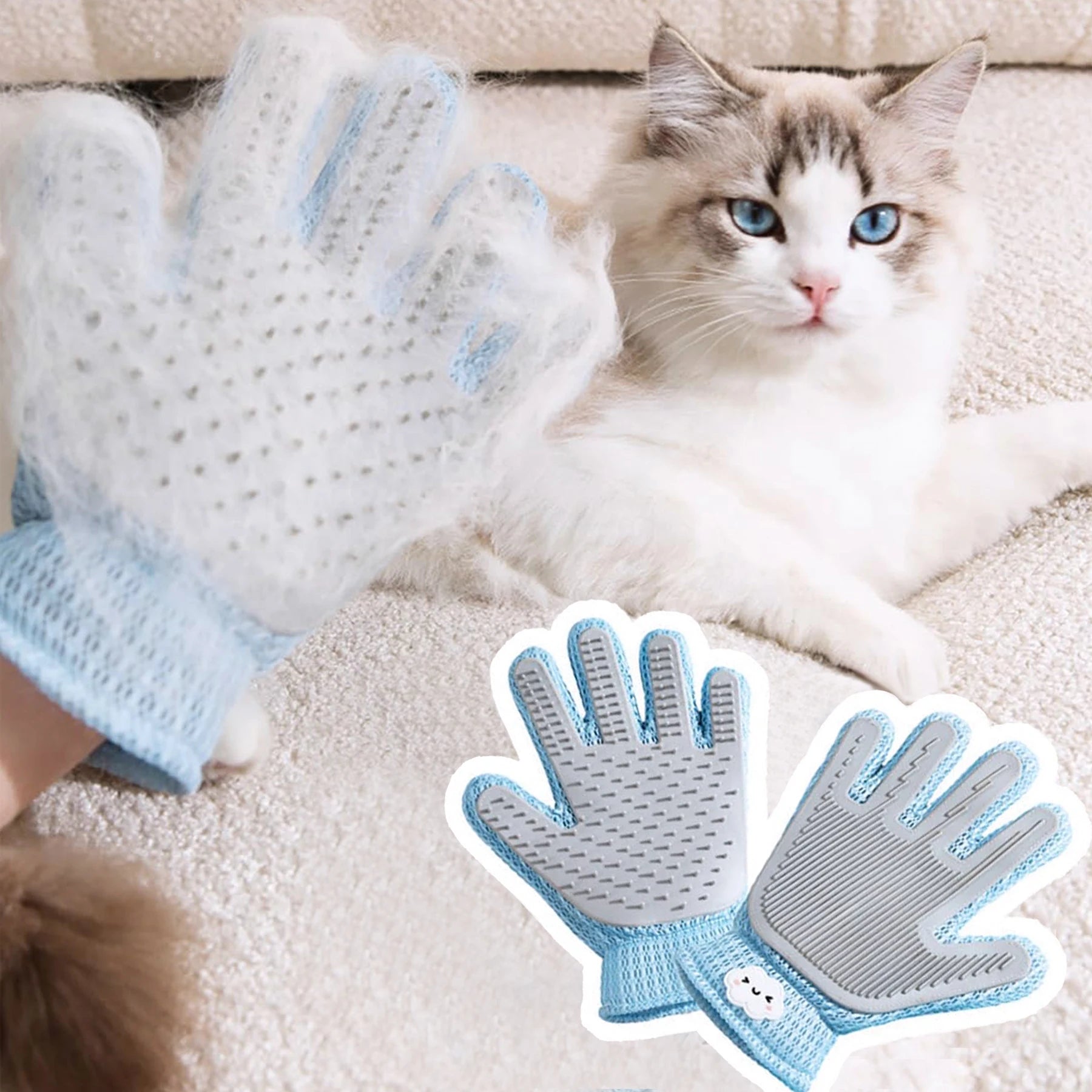 2-in-1 Pet Grooming Glove – Double-Sided Deshedding & Massage Brush for Cats/Dogs, Removes Loose Hair from Fur & Furniture, Ultra-Soft Easy-Clean Mitt（single glove）