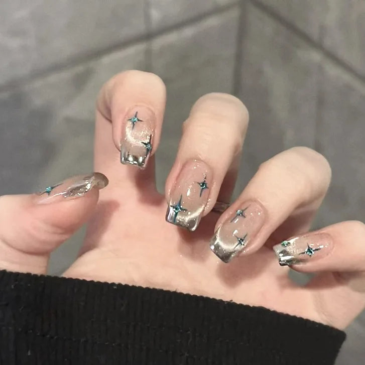 24Pcs Glitter Diamond Press On Nails Blush Pink Cat Eye Fake Nails Sweet Cute Coffin Full Cover Short Square False Nail Tips Art