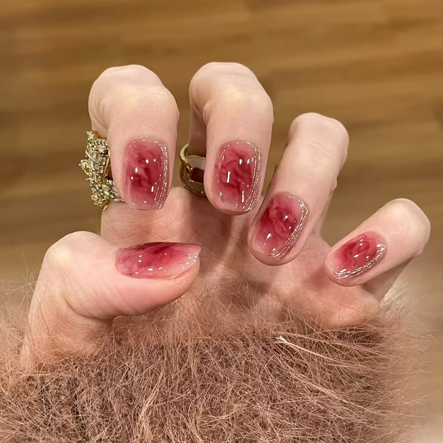 24Pcs Glitter Diamond Press On Nails Blush Pink Cat Eye Fake Nails Sweet Cute Coffin Full Cover Short Square False Nail Tips Art
