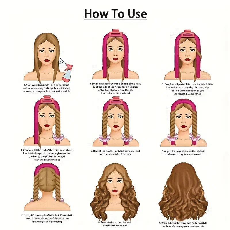 Heatless Curling Set - Satin Curler, Suitable for Night Curling - Non Heat Curler with Headband - Gentle and Effective Hair Care