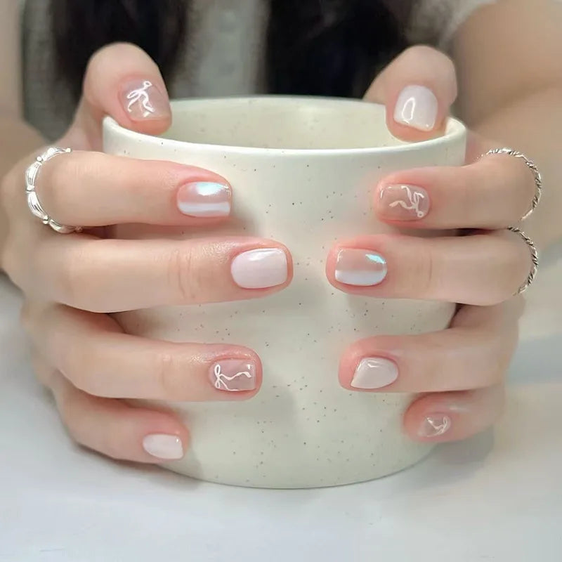24Pcs Glitter Diamond Press On Nails Blush Pink Cat Eye Fake Nails Sweet Cute Coffin Full Cover Short Square False Nail Tips Art
