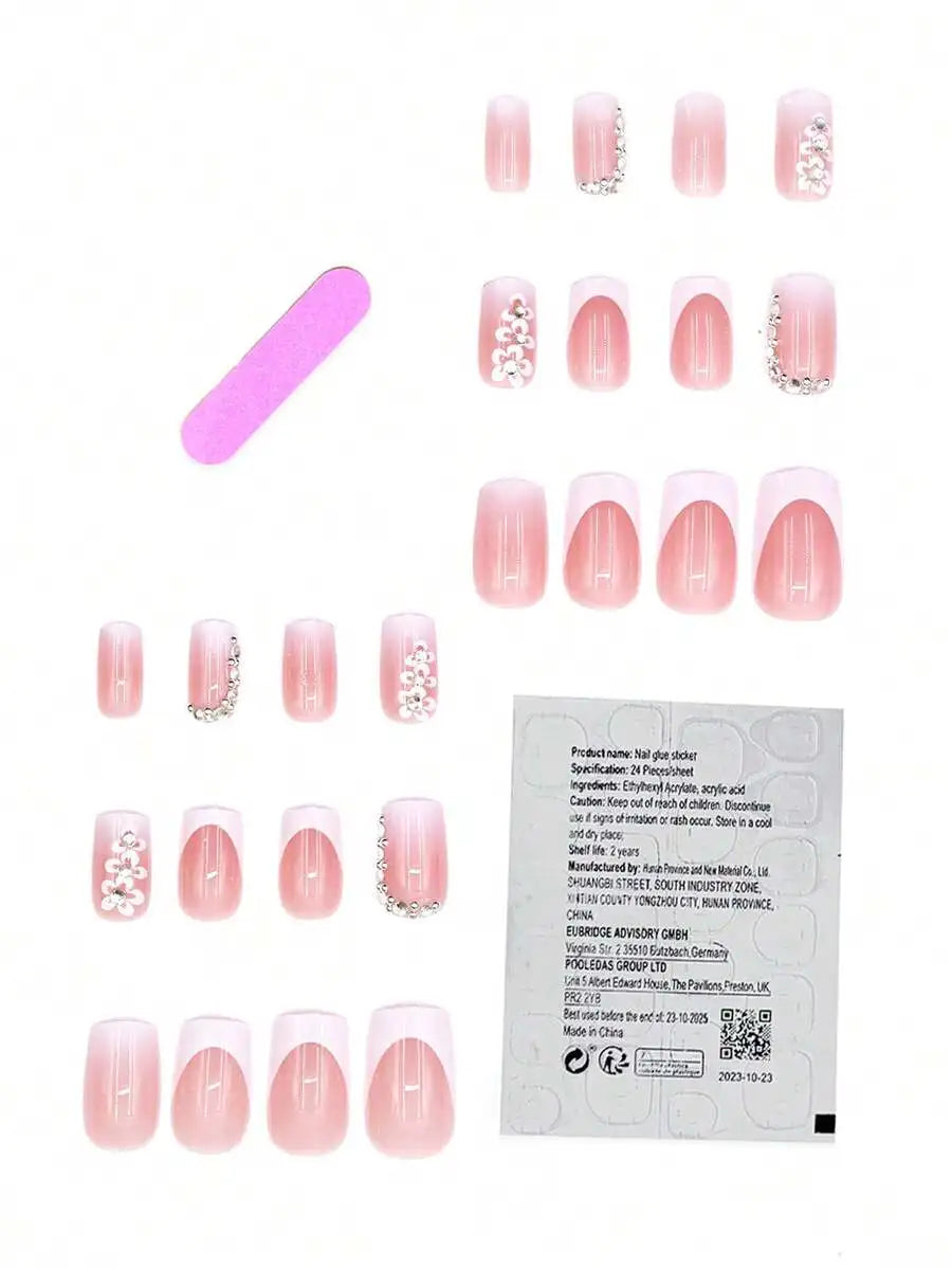 24Pcs Elegant & Simplistic Floral Nail Art Stickers, Pink, Daily & Party Wear Press On Nails Nail Supplies Nails