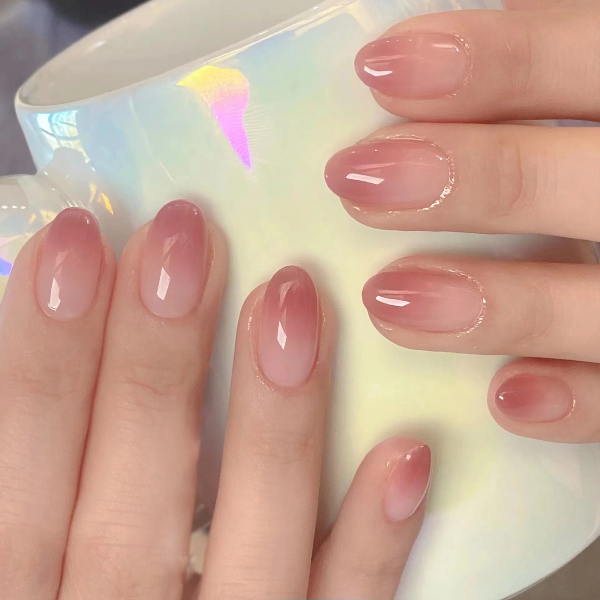 24Pcs Glitter Diamond Press On Nails Blush Pink Cat Eye Fake Nails Sweet Cute Coffin Full Cover Short Square False Nail Tips Art