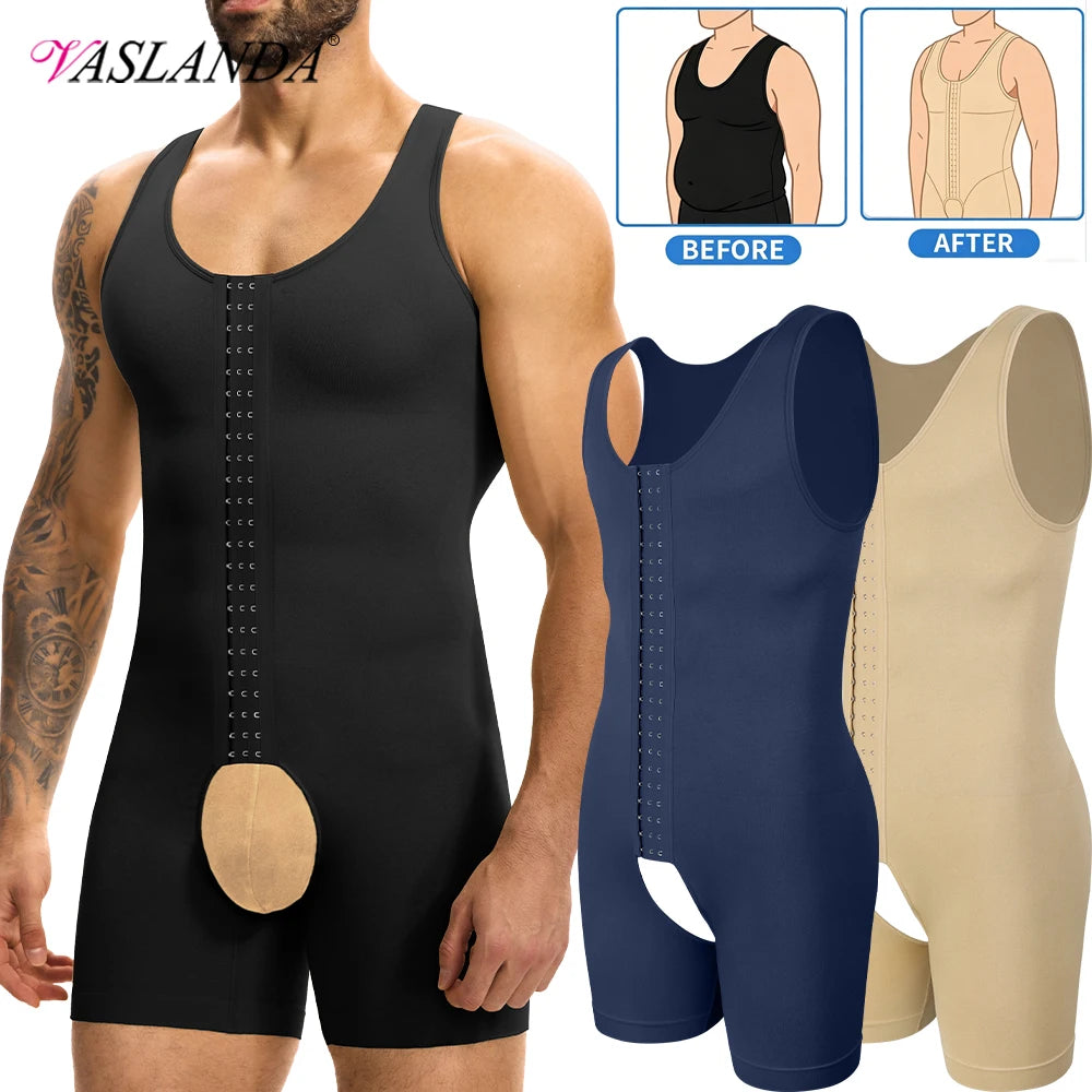 Men's Compression Shapewear  Tummy Control Full Body Shaper Slimming Bodysuit with Open Crotch for Post Surgery Recovery