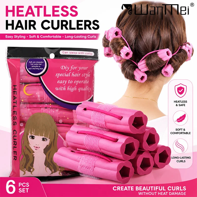 6pcs Heatless Hair Curlers Set Self-adhesive Sponge Hair Rollers Sleeping Soft Foam Portable Salon Styling Accessories