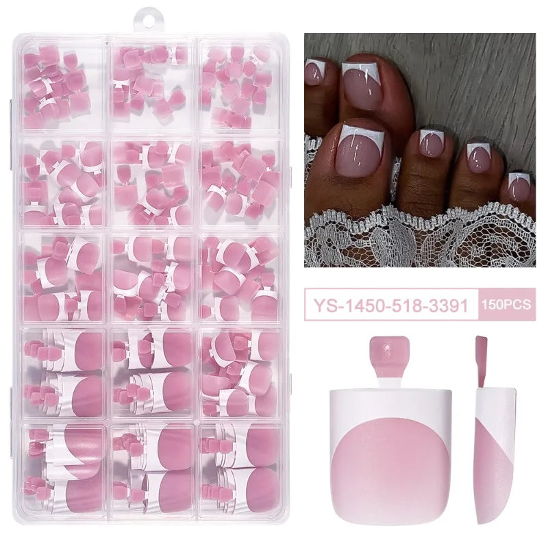 150pcs French Foot Wear Nail Set Summer Short Square Shiny False Toenail Acrylic Full Coverage Suitable for Nail Salon