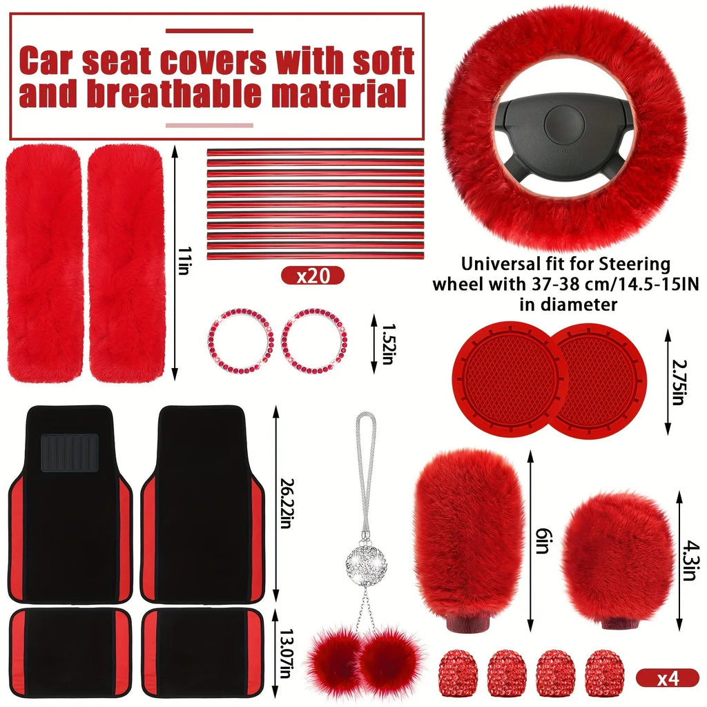 47pcs Car Seat Cover Full Set Car Seat Covers for Car Front Rear Seat Cover Fluffy Steering Wheel Cover Seat Belt Automotive Floor Mats Car Air Conditioner Decoration Strip Car Accessories Women