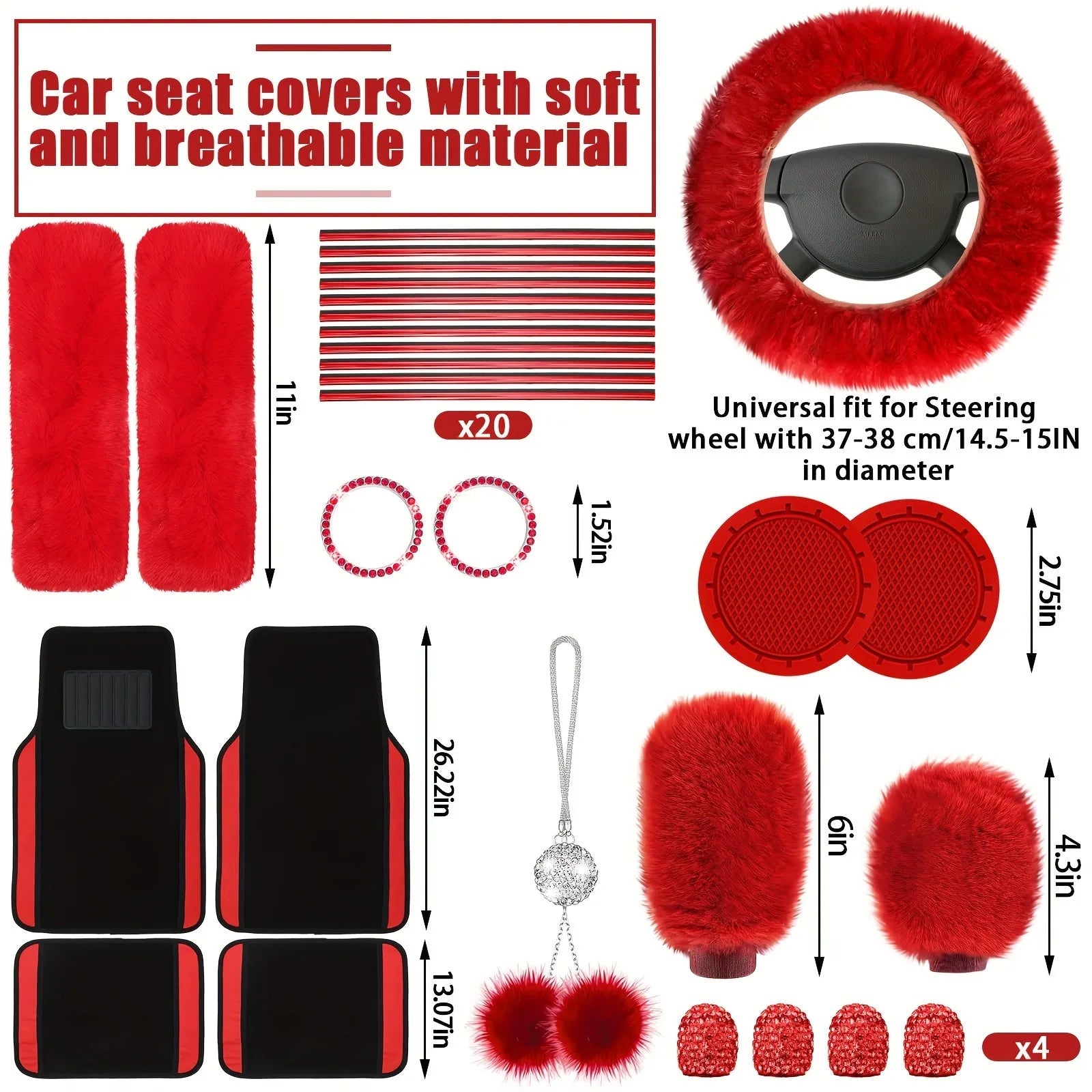 47pcs Car Seat Cover Full Set Car Seat Covers for Car Front Rear Seat Cover Fluffy Steering Wheel Cover Seat Belt Automotive Floor Mats Car Air Conditioner Decoration Strip Car Accessories Women